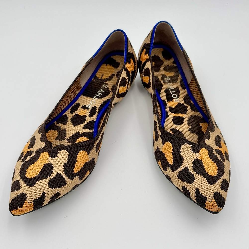 Rothy’s Leopard Print Point Flats w/Blue Trim Women’s 10 Knit Shoes